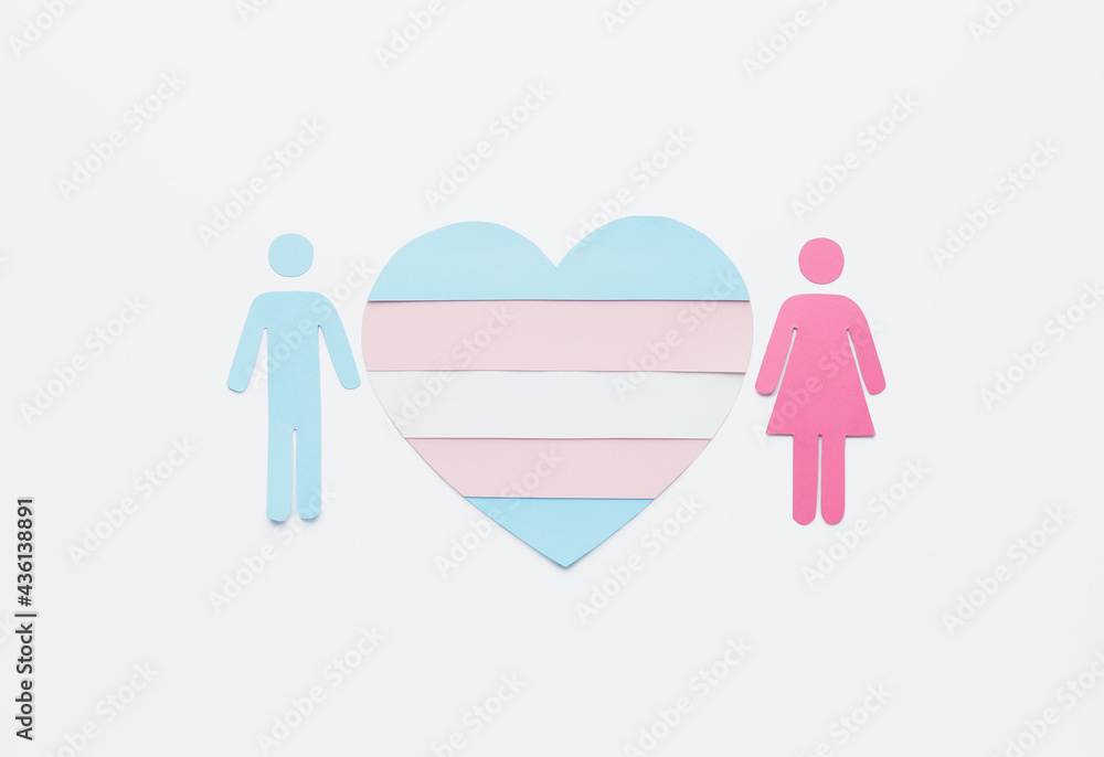 Flag of transgender in shape of heart, male and female figures on white background Flag of transgender in shape of heart, male and female figures on white background