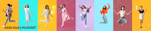 Foto Jumping young women on color background