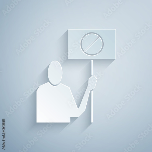 Paper cut Nature saving protest icon isolated on grey background. Earth planet protection, environmental issues demonstration. Paper art style. Vector Illustration