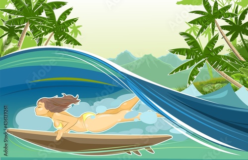 The girl dives into the wave with a surfboard. Flat style. Sea water. Against the backdrop of a tropical landscape with palm trees and mountains. Vector.