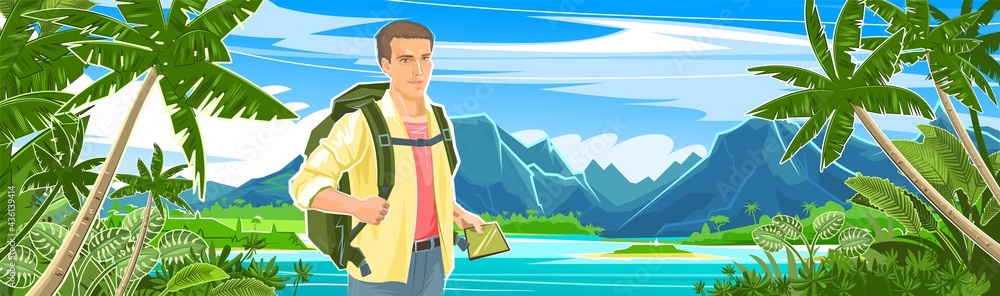 Cute boy tourist with a tablet navigator. Backpack. Against the backdrop of a beautiful landscape. Tropical sea, mountains and palm trees A man on a journey. Flat style. Travel. Illustration. Vector