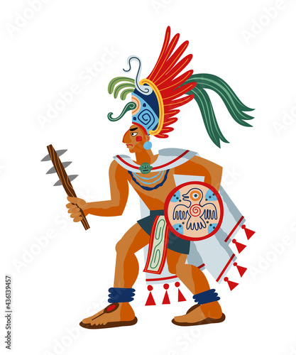 Mayan warrior man with shield and weapon. Ancient civilisation decoration patterns in Mexico vector illustration. Tribal man with traditional clothes and headwear on white background, side view