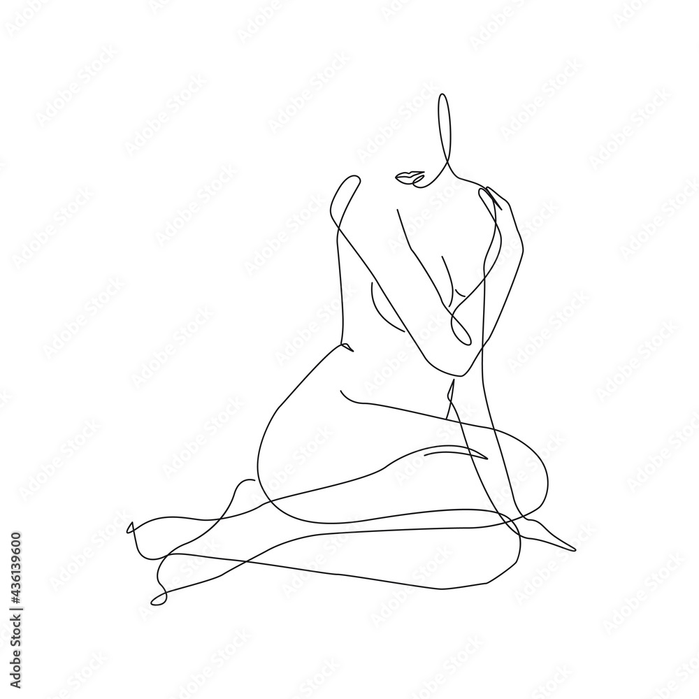 Trendy Line Art Woman Drawing. Minimalistic Black Lines Drawing. Female Figure Continuous One Line Abstract Drawing. Modern Scandinavian Design. Vector Illustration.