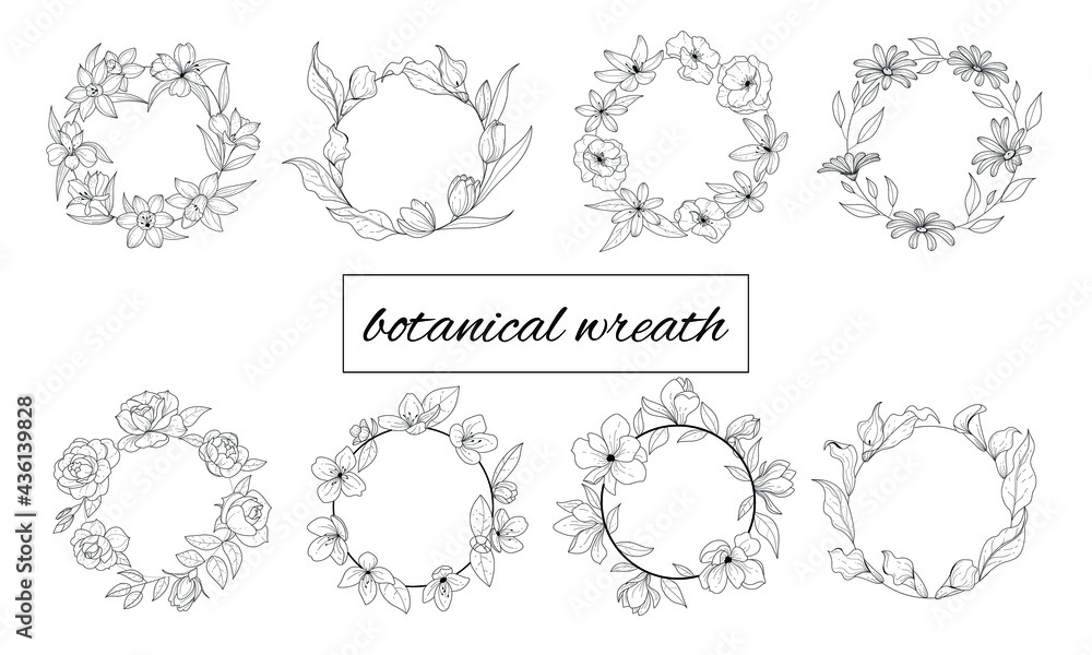 Set of floral wreaths. Botanical bouquet. Botanical flower wreath. Black and white floral illustration. Flower sketch composition