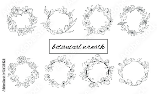 Set of floral wreaths. Botanical bouquet. Botanical flower wreath. Black and white floral illustration. Flower sketch composition