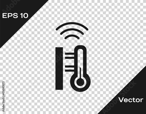 Black Smart meteorology thermometer measuring system icon isolated on transparent background. Internet of things concept with wireless connection. Vector