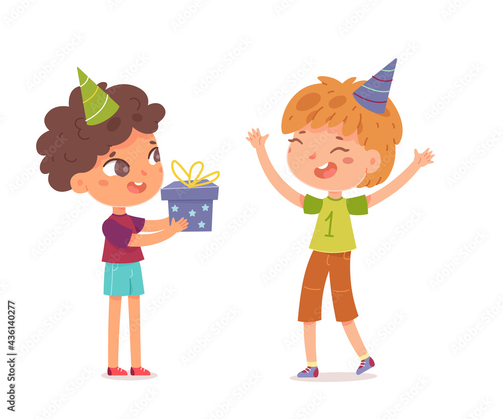 Happy birthday, kids celebrating at party with gifts. Cute children having fun vector illustration. Little boys smiling at event, giving present in box isolated on white background Happy birthday, kids celebrating at party with gifts. Cute children having fun vector illustration. Little boys smiling at event, giving present in box isolated on white background