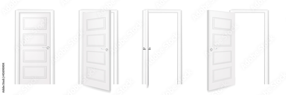White door set. Closed, open, ajar doorway with frame vector illustration. Room entrance with handle in modern office or home. Realistic interior design element background White door set. Closed, open, ajar doorway with frame vector illustration. Room entrance with handle in modern office or home. Realistic interior design element background