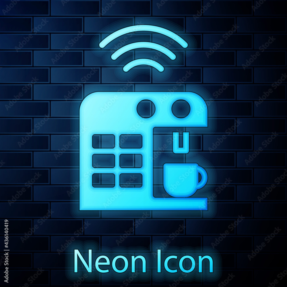 Glowing neon Smart coffee machine system icon isolated on brick wall background. Internet of things concept with wireless connection. Vector Glowing neon Smart coffee machine system icon isolated on brick wall background. Internet of things concept with wireless connection. Vector