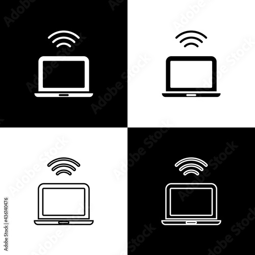 Set Wireless laptop icon isolated on black and white background. Internet of things concept with wireless connection. Vector