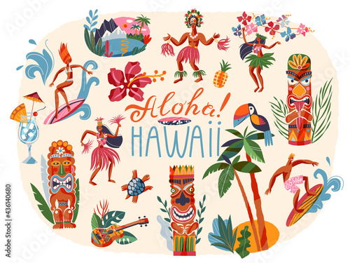 Hawaii aloha tropical summer elements set. Hawaiian party and beach vintage travel poster vector illustration. Girl dancers, man surfing, fruit, bird, tree, wooden totem figures