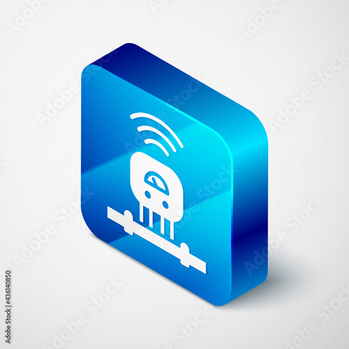 Isometric Smart sensor system icon isolated on grey background. Internet of things concept with wireless connection. Blue square button. Vector