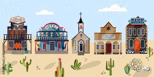 Wild west buildings on road horizontal background. Western American town panorama in wilderness vector illustration. Church, saloon, hotel, bank and sheriff house. Cactus and rocks on desert land.