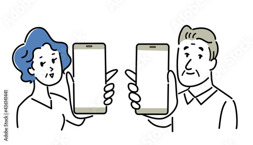 スマホ画面を見せるシニアカップルのイラスト素材