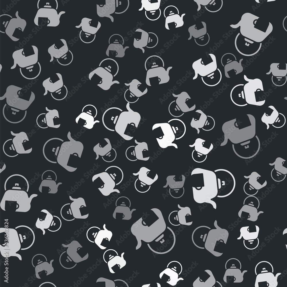 Grey Traditional tea ceremony icon isolated seamless pattern on black background. Teapot with cup. Vector Grey Traditional tea ceremony icon isolated seamless pattern on black background. Teapot with cup. Vector