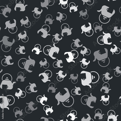 Grey Traditional tea ceremony icon isolated seamless pattern on black background. Teapot with cup. Vector