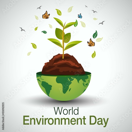 world environment day poster. global earth and green tree, butterflies. vector illustration design.