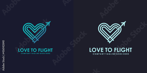 abstract blue and white love symbol linear style with airplane on dark background , usable logo concept for Business, travel agency, tourism logos.Flat Vector Logo Design Template Element.