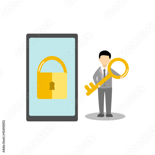 Businessman holding a key beside locked mobile phone vector. Mobile security, data protection concept