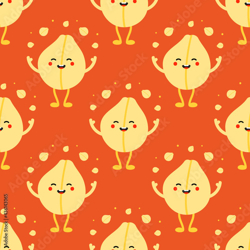 Cute smiling cartoon style chickpeas, chick pea seed character juggling, throwing up small chickpeas in the air vector seamless pattern background.