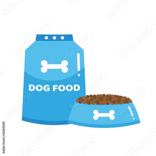 Blue bowl with dog food and package with dry dog food cute cartoon style vector icon, illustration.
