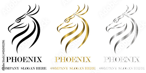 three color black gold silver line vector logo of phoenix head It shows power and strength