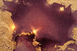 Dark gold, purple and burgundy abstract alcohol ink marble texture. Vector shining background with natural pattern and glitter. Template for banner, poster design. Fluid art painting