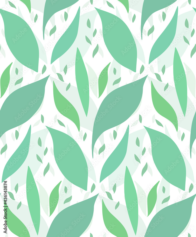 Seamless pattern with silhouettes of petals. Texture with green leaves on white background. Simple vector wallpaper with falling leaves. Natural decorative fabric