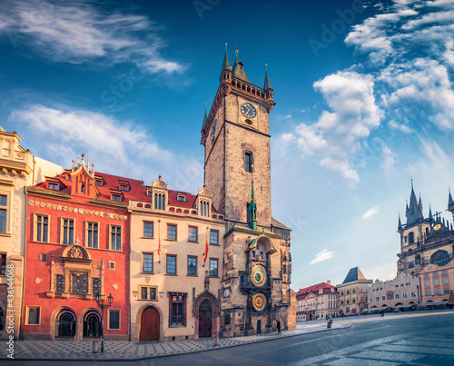 Colorful summer view of Old Town Square with Tyn Church. Early morning cityscape of Prague, capital city of the Czech Republic, Europe. Traveling concept background..