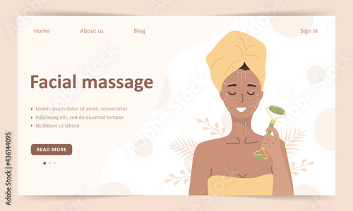 Facial massage and skin care concept. Landing page template. Woman do cosmetic spa procedures for face with jade roller. Morning routine. Vector illustration in flat cartoon style.