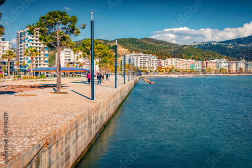 Sunny summer cityscape of Vlore town. Bright spring seascape of Adriatic sea. Spectacular outdoor scene of Albania, Europe. Traveling concept background..