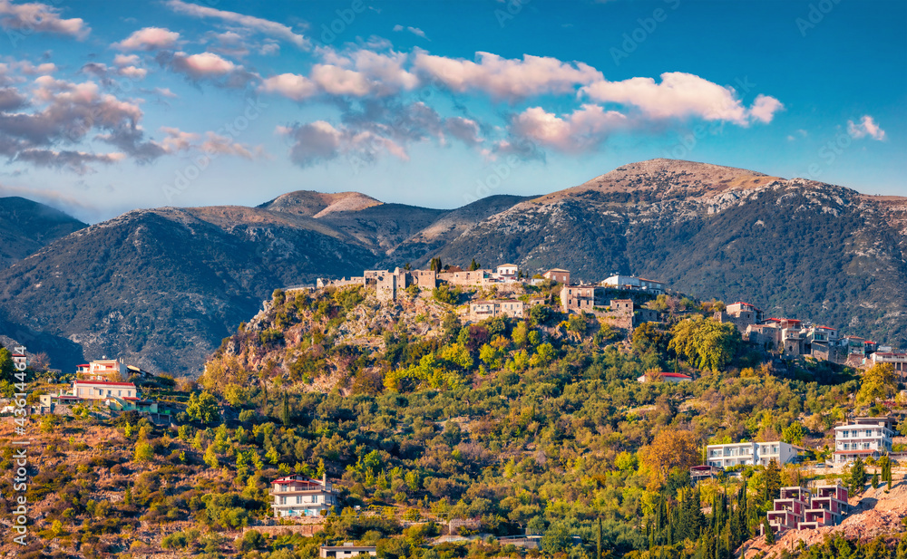 Colorful spring view of Castle of Himara, Vlore. Sunny morning scene of , Albania, Europe. Traveling concept background. Majestic landscape of mountain peaks.