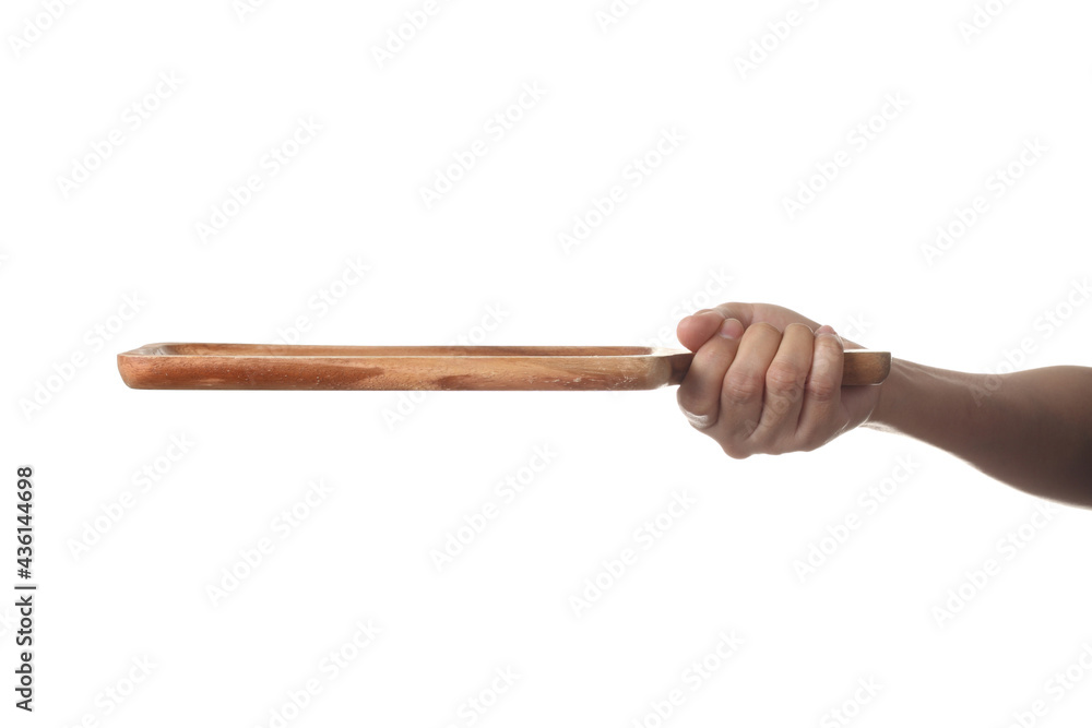 Chef holding wooden cuttingboard on white background Chef holding wooden cuttingboard on white background
