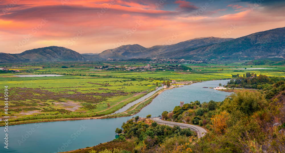 Fototapeta premium Breathtaking spring view of Butrint National Park with Venetian Triangle Castle. Incredible sunrise in Albania, Europe. Traveling concept background.