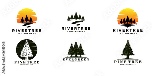 Photographie set of evergreen pine tree logo vintage with river creek vector emblem illustrat