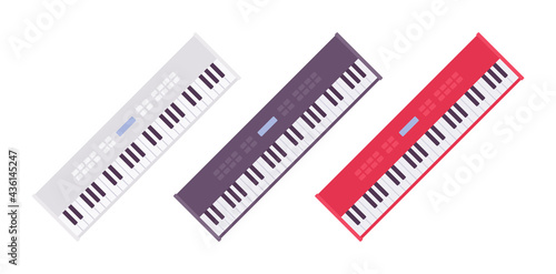 Professional digital synthesizer, electric piano sound effect musical instrument. Electronic pop, rock group device. Vector flat style cartoon illustration isolated, white background, different colors