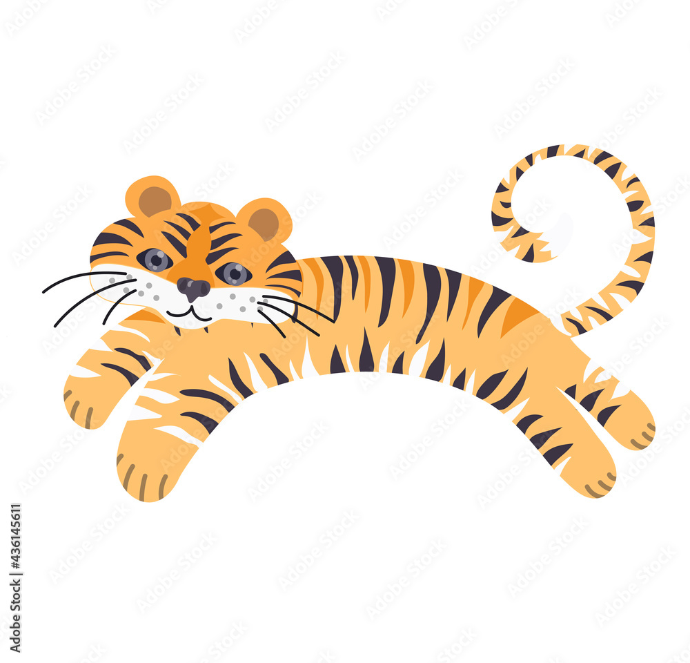 A cute tiger cub in a cartoon style, he is lying. Stock vector illustration isolated on white background