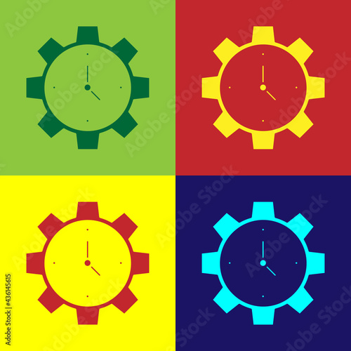 Pop art Time Management icon isolated on color background. Clock and gear sign. Productivity symbol. Vector