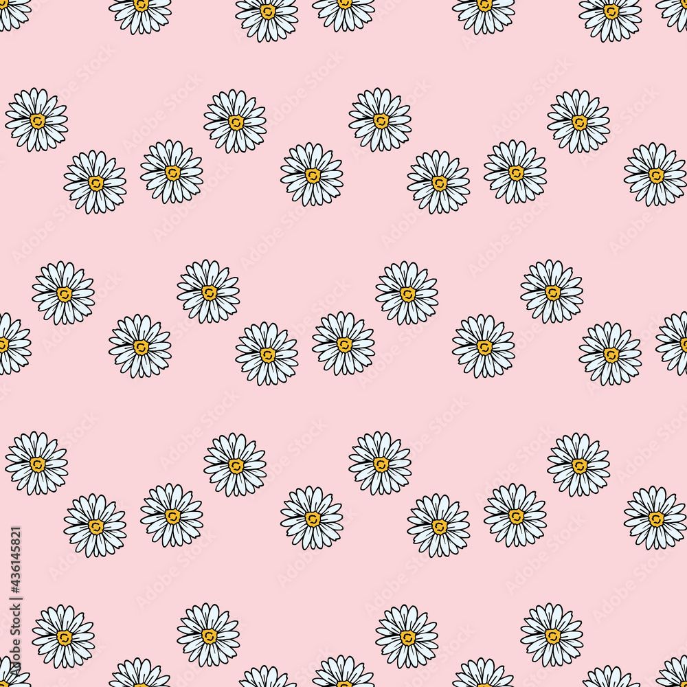 Seamless pattern with chamomile on light pink background. Vector image.