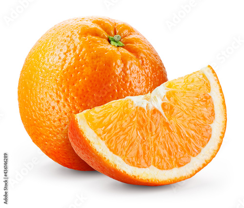 Orange isolate. Orange fruit with slice on white background. Whole orange fruit with slice. Full depth of field.