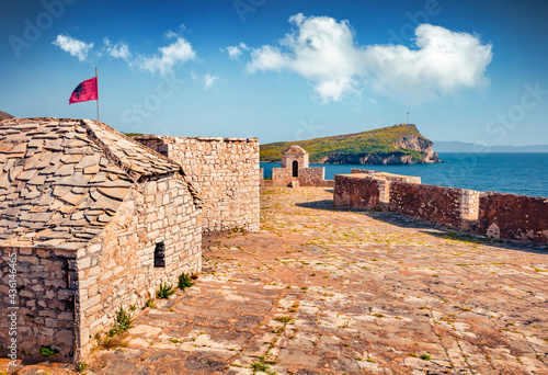 Exciting sping view of Ali Pasha Tepelena Fortress. Captivating morning seascape od Adriatic sea. Bright outdor scene of Albania, Europe. Traveling concept background.