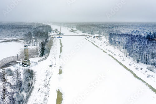 A view from a height on a winter day at Big Volzhsky lighthouse on the river. Dubna city, Moscow region, Russia. © Konstantin