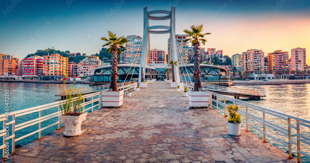 Impressive sunrise in Durres, port city on the Adriatic Sea in western Albania, Europe. Wonderful Adriatic seascape. Magnificent spring scene of Albania. Traveling concept background.