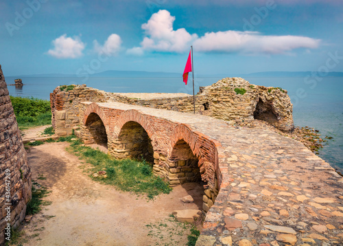 Attractive spring view of Rodoni Castle. Calm morning seascape of Adriatic sea. Great outdoor scene of Albania, Europe. Traveling concept background.. photo