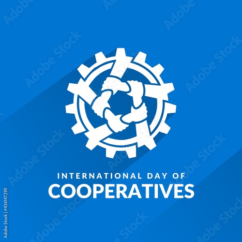The teamwork logo, hands holding each other and gears as symbols of cooperation, for the logo, banner or poster of the International Day of Co-operatives, are observed every first Saturday in July.