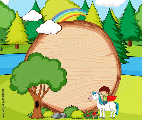 Empty wooden banner in the forest scene with fairy tale cartoon character and...