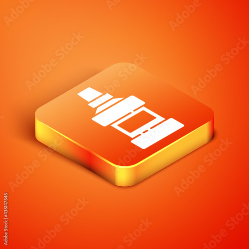 Isometric Mouthwash plastic bottle and glass icon isolated on orange background. Liquid for rinsing mouth. Oralcare equipment. Vector