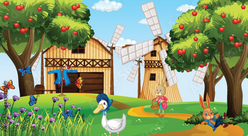 Farm at daytime scene with rabbit and duck cartoon character