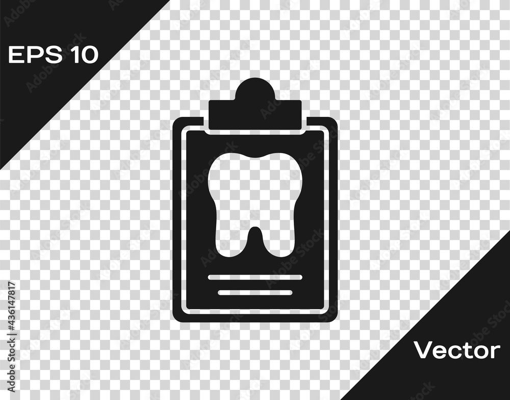Black Clipboard with dental card or patient medical records icon isolated on transparent background. Dental insurance. Dental clinic report. Vector