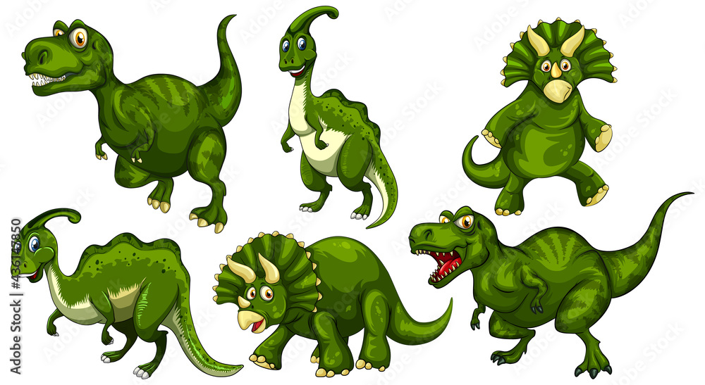Fototapeta premium Set of green dinosaur cartoon character
